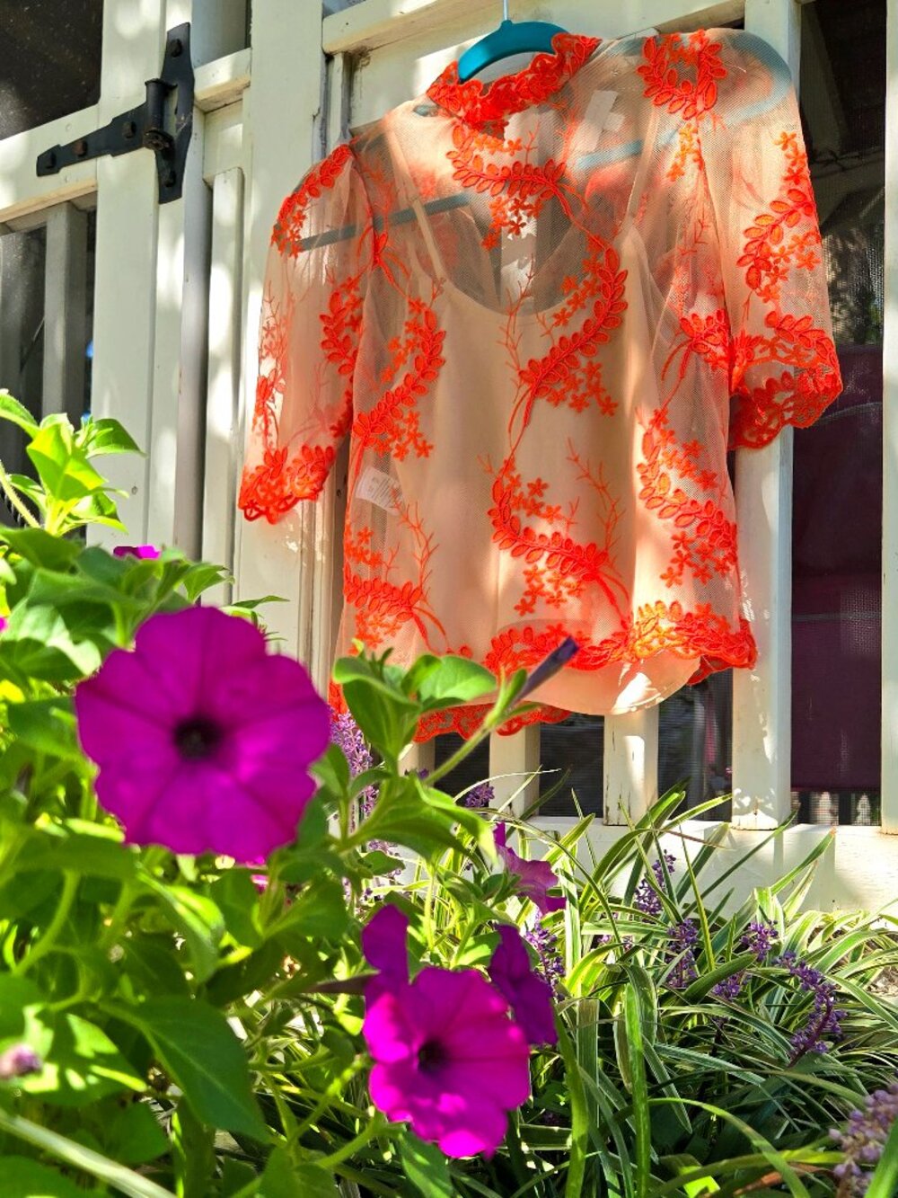Alice McCall Honeymoon Sheer Lace Top | Orange Floral Embroidered Mesh Mock Neck